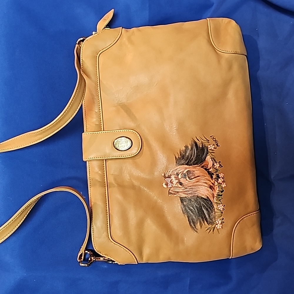 Vintage, New FS Originals Leather Hand Painted Yorkie by Mikki Purse Caramel